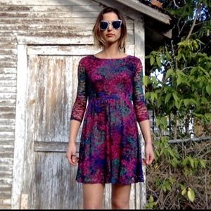 Magenta, Navy & Green Floral Lace Dress